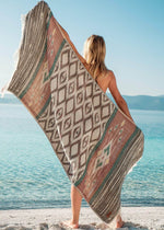 boho tribal design nature-inspired luxury Turkish towel with fringe quick-drying beach towel sustainable natural Turkish cotton 