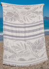 sustainable turkish cotton beach towel with white fringe, Flourishing XL by Bezzazan has modern minimalist palms design